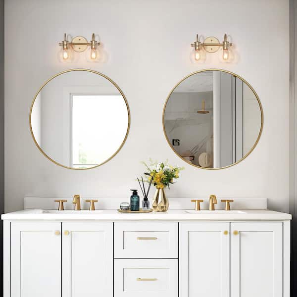 Modern Light Gold Bathroom Vanity Light 13 in. W 2-Light Powder Room Wall Light with Globe Clear Glass Shades