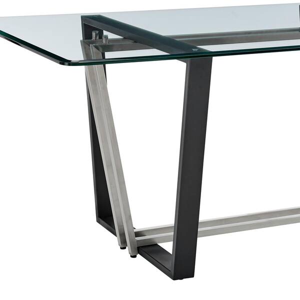 Armen Living Kai Stainless Steel and Black Glass Top 72 in. Trestle Base Dining Table Seats 6 LCKADIBSBLK
