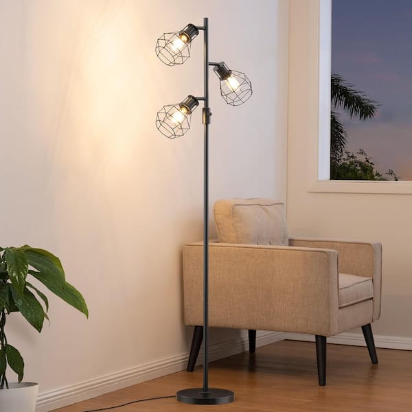 65 in. Black 3-Light Smart Dimmable Swing Arm Floor Lamp for Living Room with Elegant Cages