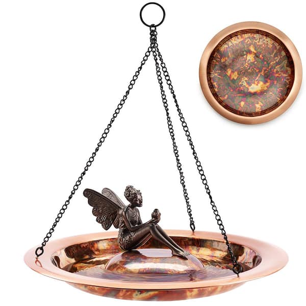 Good Directions 18 in. Hanging Fired Copper Bird Bath with Fairy