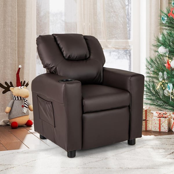 Costway Brown Kids Recliner Chair with Cup Holder and Side Pocket Adjustable Backrest Footrest