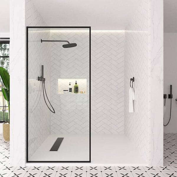 Nyssa 34 in. W x 72 in. H Framed Fixed Shower Screen Door in Matte Black with 5/16 in. (8mm) Clear Glass