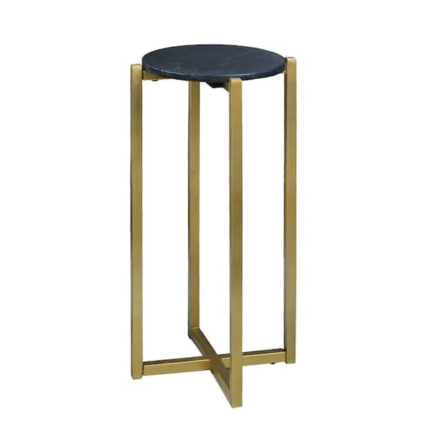 THE URBAN PORT Ivy 12.5 in. Black and Gold Round Marble Top Accent Side Table with Metal Frame