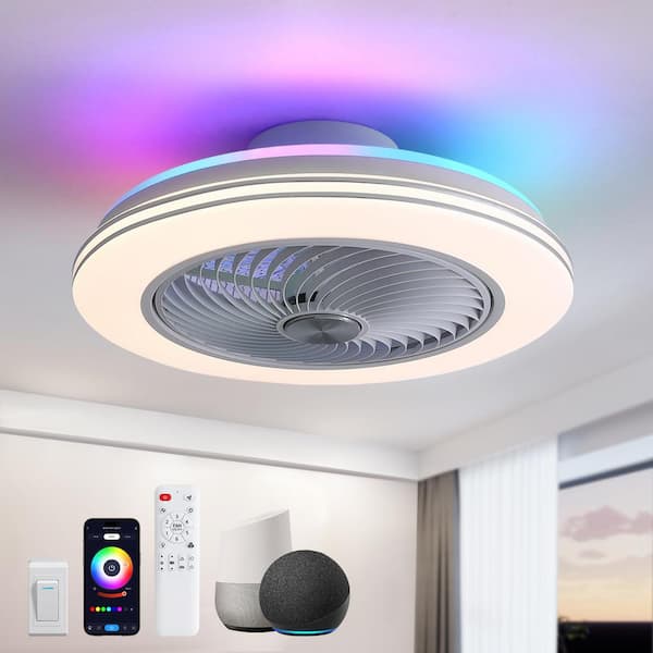 Pacific Core 19.6 In. Smart Indoor White Low Profile Eclosed Ceiling Fan with Dimmable RGB-Led Lights with Remote Included