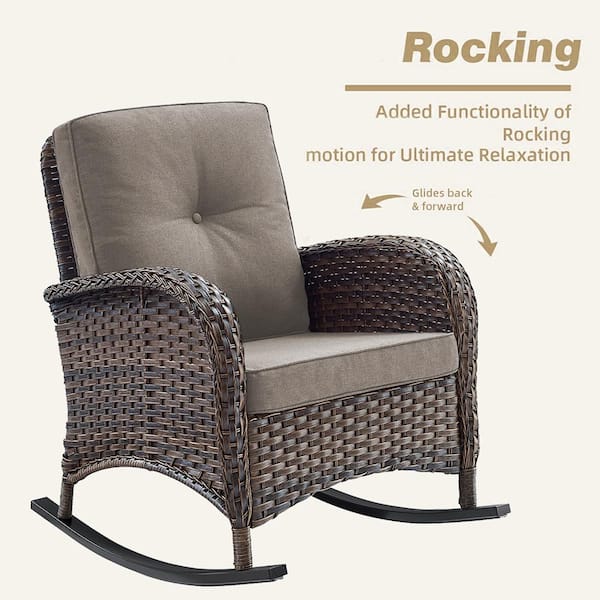 3-Piece Brown Wicker Patio Conversation Set with Gray Cushions and Coffee Table Flat Handrail Rocking Chairs