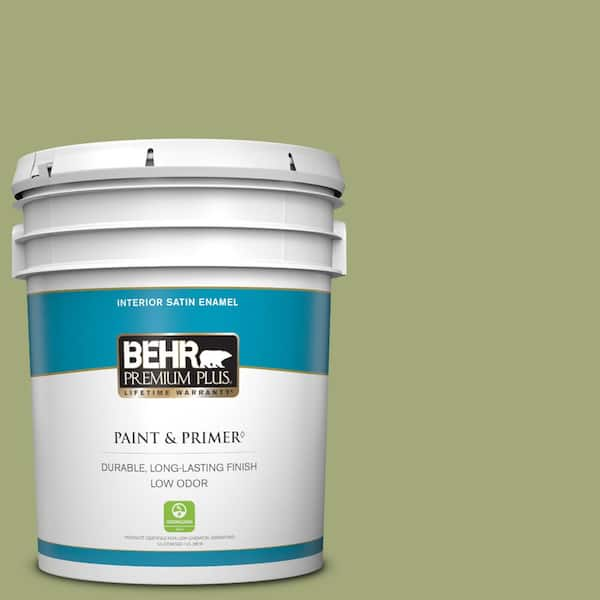 BEHR PREMIUM PLUS 5 gal. #M350-5 Mossy Cavern Satin Enamel Low Odor Interior Paint & Primer