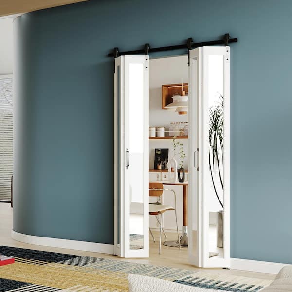 48 in. x 84 in . (24''X 2) 1-Lite Mirrored Glass Bi-Fold White MDF Solid Core Sliding Barn Door with Hardware Kits .