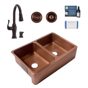 Lange 32 in. Farmhouse Apron Undermount Double Bowl 17 Gauge Antique Copper Kitchen Sink with Maren Bronze Faucet Kit