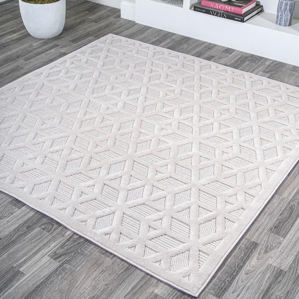 Talaia Neutral Geometric Ivory 5 ft. Square Indoor/Outdoor Area Rug