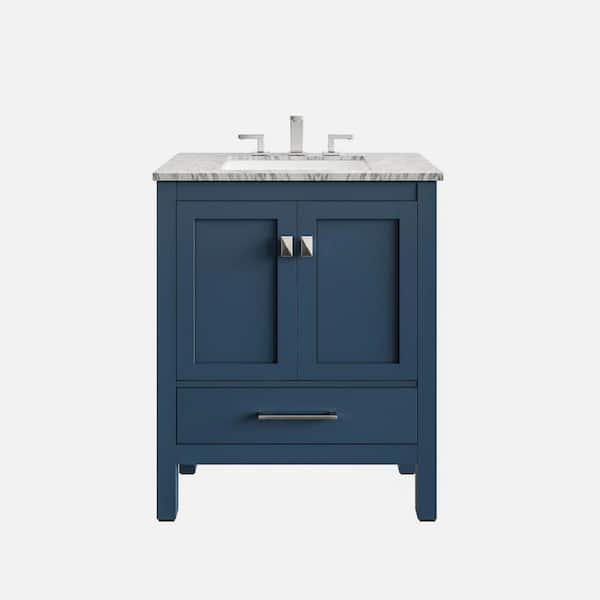 Aberdeen 30 in. Single Sink Blue Bath Vanity with White Carrara Marble Top (Assembled)