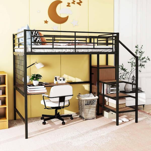 Polibi Black Full Size Loft Bed with Desk and Metal Grid, Stylish Metal Frame Bed with Lateral Storage Ladder and Wardrobe