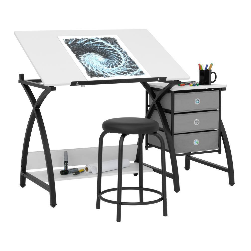 40'' Black & White Adjustable Craft Table with Storage & Padded Stool