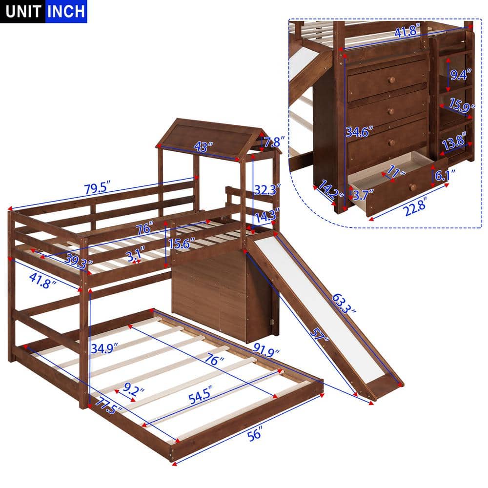 Harper & Bright Designs Brown Twin Over Full House Bunk Bed With Slide ...