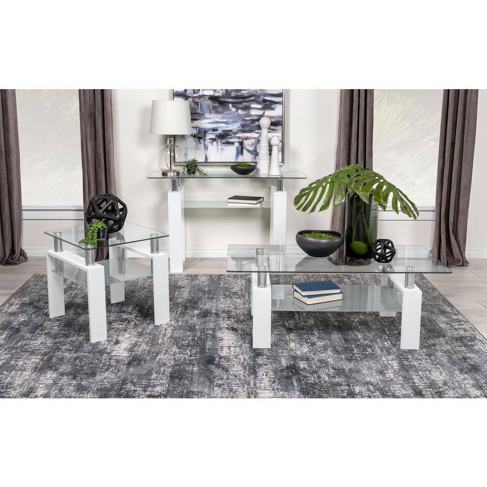 Contemporary Rectangular Glass Coffee Table with White Metal Frame and Shelf