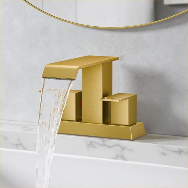 4 in. Centerset Double Handle Low Arc Bathroom Faucet with Drain Kit Included In Gold