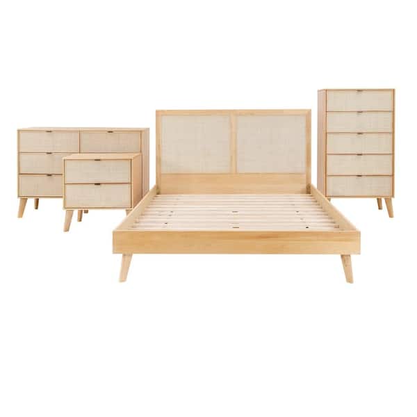 Bethea Cane 4-Piece Natural Wood Queen Bedroom Set
