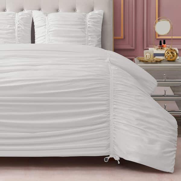 Ribbon Ruched 3-Piece White Solid Color Microfiber Full/Queen Comforter Set