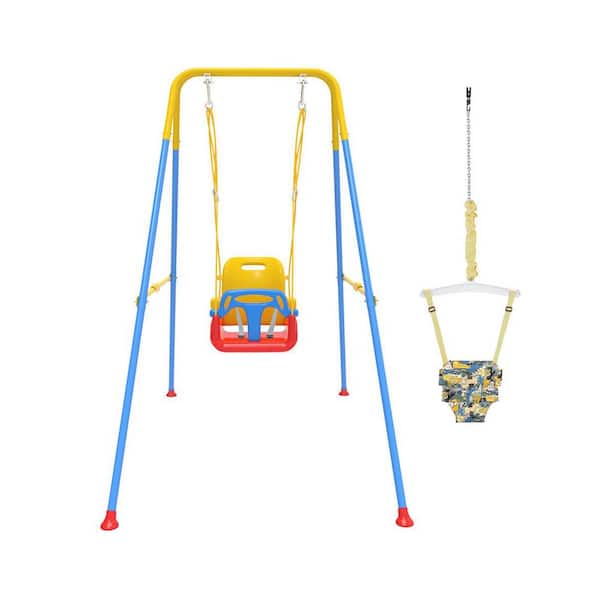 2-in-1 Toddler Swing and Baby Jumper with Soft Cushion, Foldable Indoor and Outdoor Swing Set for Backyard Play (Blue)