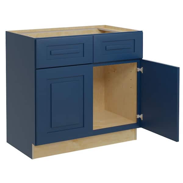 Home Decorators Collection Grayson 33 in. W x 24 in. D x 34.5 in. H Assembled Plywood Sink Base Kitchen Cabinet in Mythic Blue with Soft Close