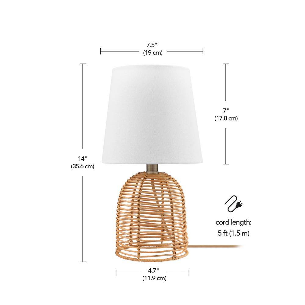 14" White Linen Shade Table Lamp with Rattan Base