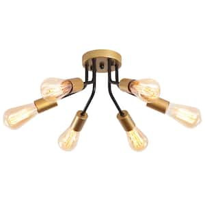 14.76 in. 6-Light Black and Gold Modern Sputnik Linear Semi- Flush Mount Ceiling Light Chandeliers for Bedrooms