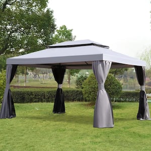 Outdoor Canopy 10 ft. x 13 ft. Grey Gazebo Outdoor Canopy with Mosquito Netting Shade Curtains