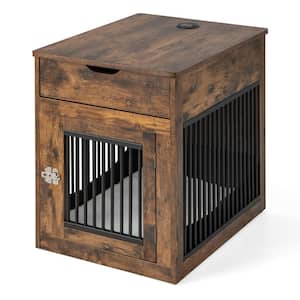 20 in. Rustic Brown Rectangle MDF Side End Table 2-In-1 Furniture Dog Crate with Drawer Wired and Wireless Charging