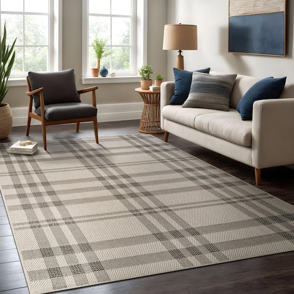 Coastal Gray/Beige 9 ft. x 12 ft. Plaid Washable Easy Jute Modern Indoor Outdoor Area Rug