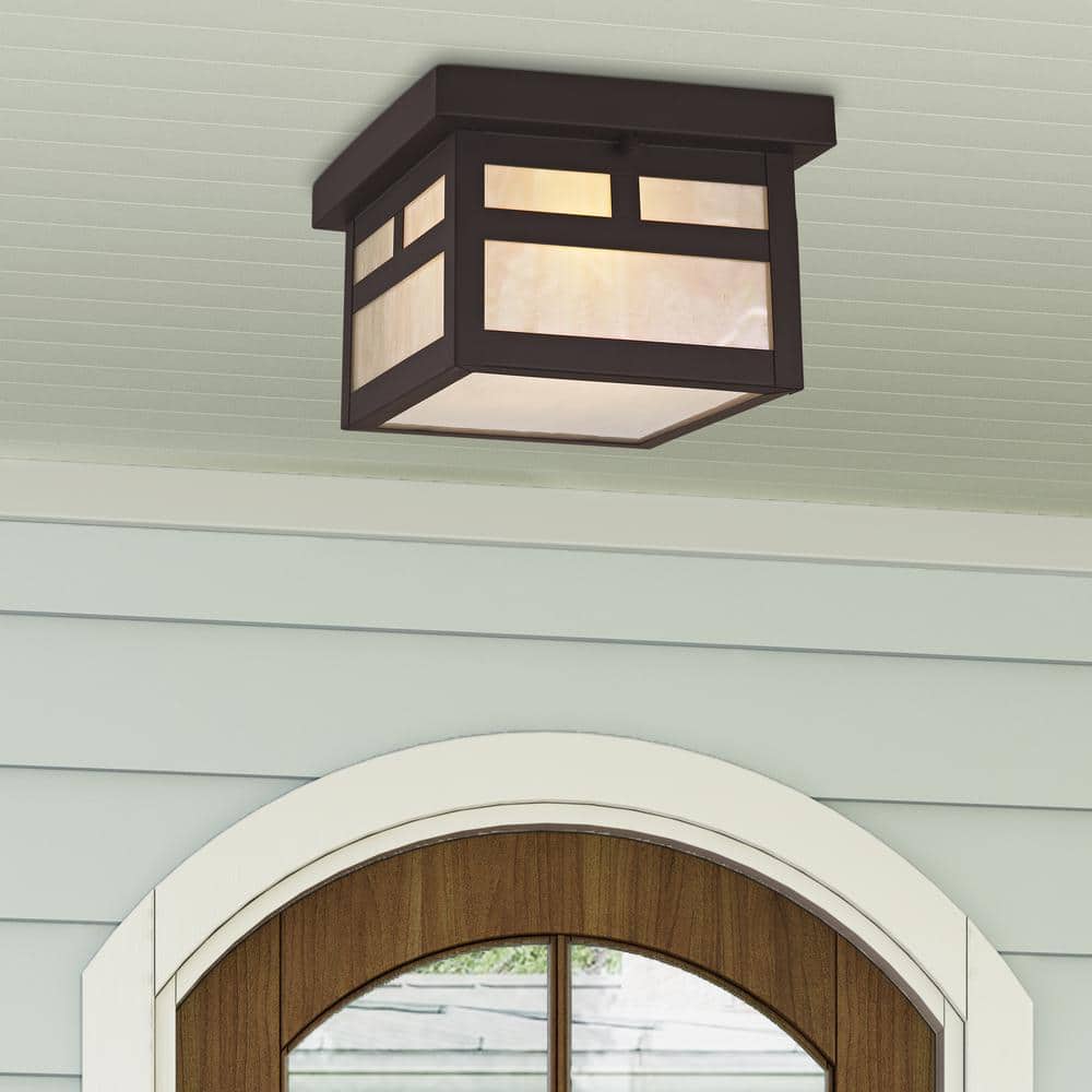 Bronze Montclair Mission 1-Light Outdoor Flush Mount with Iridescent Tiffany Glass