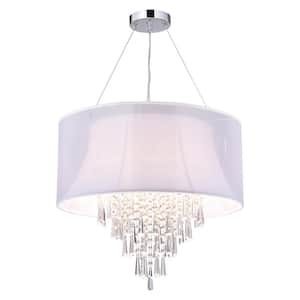 Belle Modern 4-Light Glam Chrome Round Crystal Chandelier with White Fabric Drum Shade and Hanging Crystals