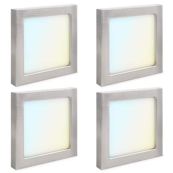 LUXRITE 4 in. Square Nickel Modern Flush Mount Ceiling Light LED Integrated 10-Watt 600LM 5CCT 2700K-5000K Dimmable (4-Pack)