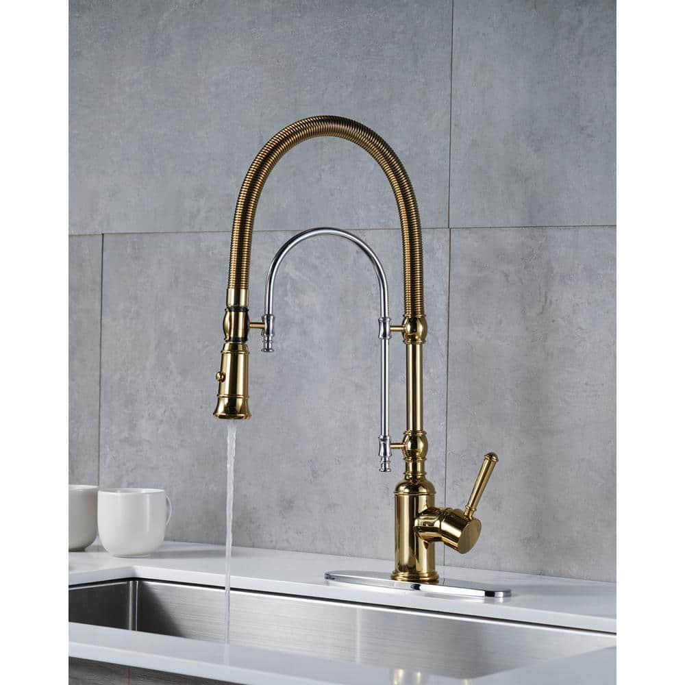 Gold and Chrome High-Arc Kitchen Faucet with Pull-Out Spray