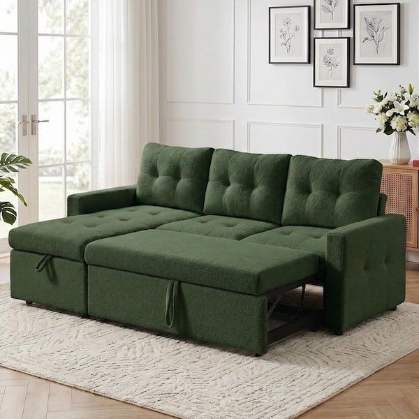 80.7 in. Green Teddy Fleece 3-Seater Full Size Pull Out Sleeper Sofa Bed with Storage