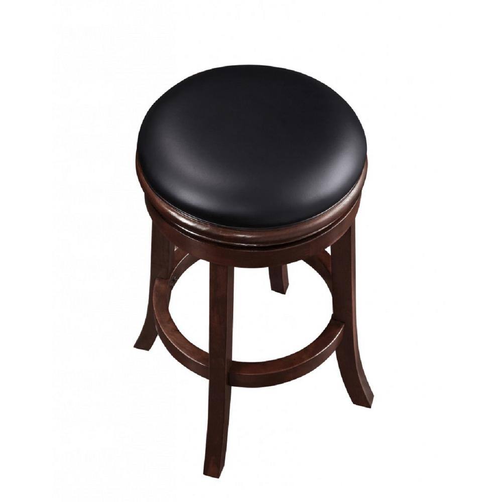 Cappuccino Wood and Black Leather Swivel Backless Bar Stool