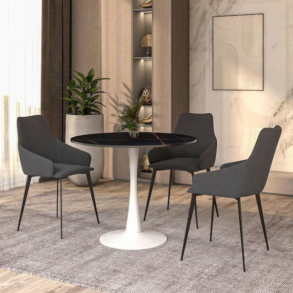 Leisuremod Round Black Sintered Stone 31.52 in. Tabletop Stainless Steel Pedestal Base Dining Table Seats 4