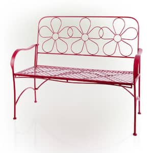 45 in. L Indoor/Outdoor 2-Person Metal Garden Bench with Daisy Backrest, Red