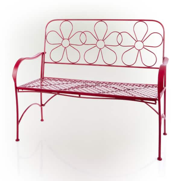 Alpine Corporation 45 in. L Indoor/Outdoor 2-Person Metal Garden Bench with Daisy Backrest, Red