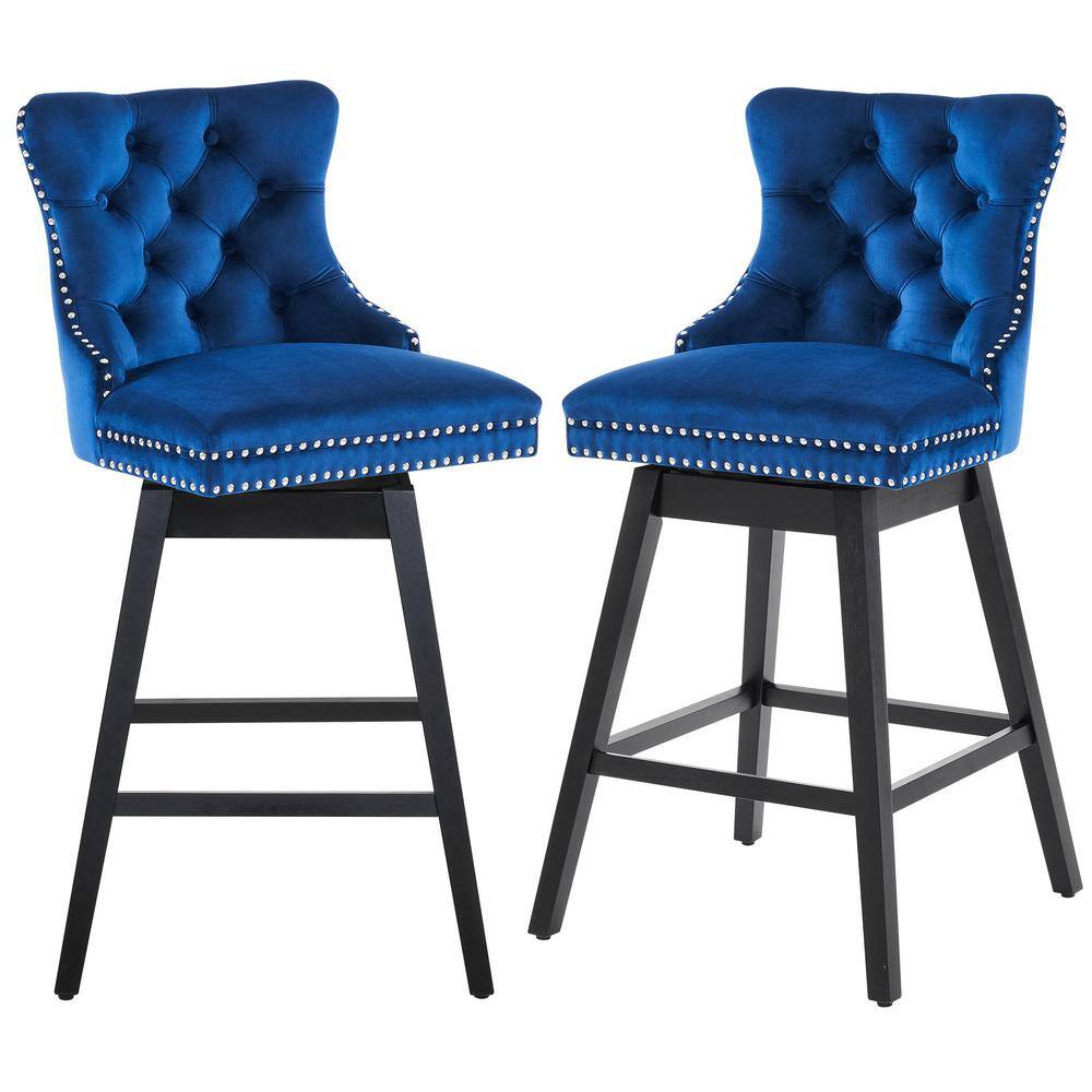Blue Velvet Upholstered Swivel Counter Stools with Solid Wood Legs, Set of 2