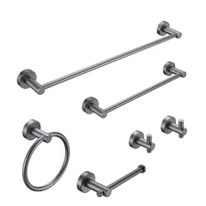 6-Piece Bath Hardware Set with 2-Hand Towel Bar, 2-Hooks, 1-Toilet Paper Holder and 1-Towel Ring in Gray
