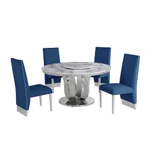 Gina 6-Piece Marble Top With Lazy Susan Stainless Steel Base Table Set With 4 Navy Blue Velvet, Nail Head Trim Chairs