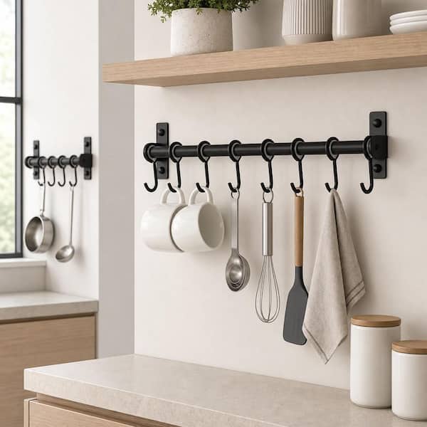 15.75 in. Black Wall Mounted Pot Rack, Kitchen Utensil Hanger Rail with 8-Hooks (2-Pack)