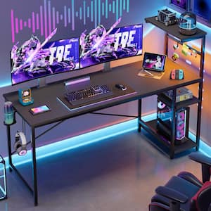 61 in. Rectangular Black Grained Gaming Desk with RGB LED Lights Computer Desk with 4 Tier Storage Shelves and Hook