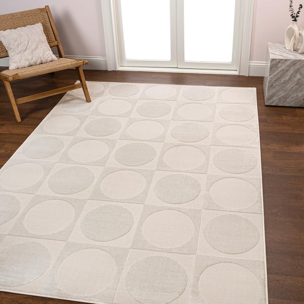 JONATHAN Y Helena Modern Geometric Circles In Squares High-Low White/Cream 3 ft. x 5 ft. Area Rug