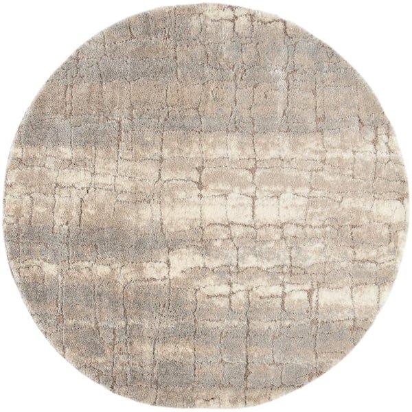 Luxurious Shag Ivory Beige 8 ft. Round Abstract Contemporary Round Indoor Area Rug