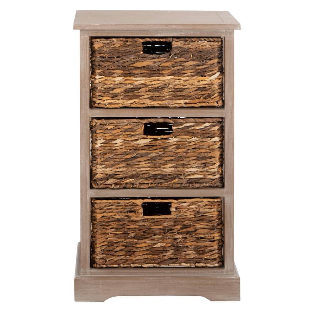 Transitional Brown Pine Wood Rectangular Side Table with 3 Wicker Baskets