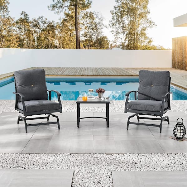 Patio Festival 3-Piece Metal Patio Conversation Rocking-Motion Seating Set with Dark Gray Cushions