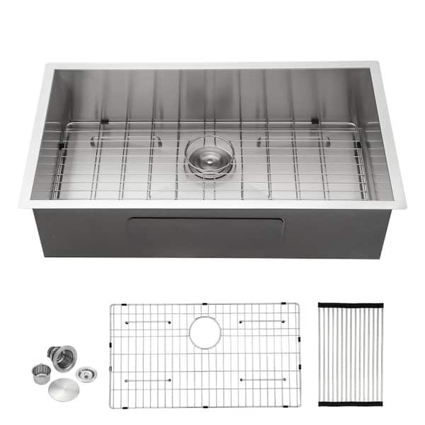 32 in. Undermount Single Bowl Zero Radius Corner 18 Gauge Silver Stainless Steel Kitchen Sink with All Accessories
