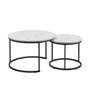 2-Piece White Round Wood Nesting Outdoor Coffee Table with Sturdy Metal Frame for Living Room, Balcony and Yard