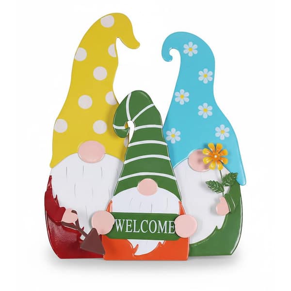 28 in. 3-Gnome Family Metal Garden Stakes - Spring Flower Welcome Decor