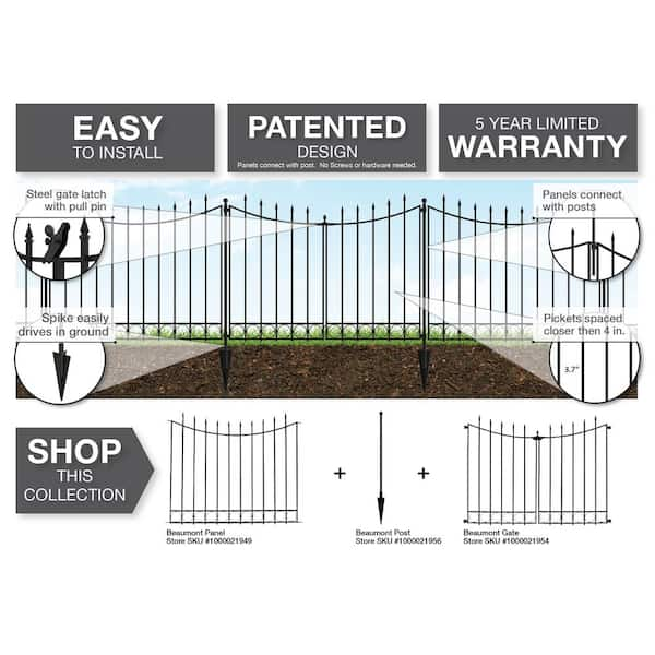 Beaumont 40.4 in. H x 49.6 in. W Black Metal 3 Rail Garden Fence Panel